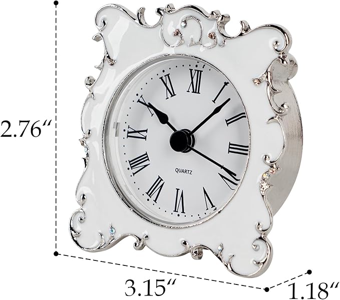 NIKKY HOME Pewter Pretty Small and Cute Vintage Table Clock with Quartz Analog Crystal Rhinestone 3 Inch for Living Room Bathroom Decoration, White Enamel