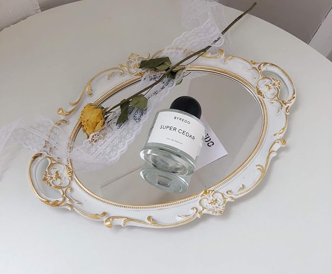 Oval Vintage Decorative Mirror Tray, Jewelry Cosmetics Makeup Dresser Storage Organizer Tray, Serving Tray (9.8”x 14.6”) White