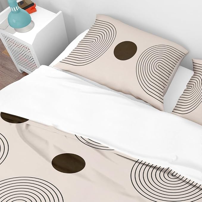 Boho Mid Century Modern Duvet Cover Set Black Beige Include 1 Duvet Cover 2 Pillowcases Abstract Geometric Sun Circles Bedding Set Boho Comforter Cover Microfiber Soft Bedding Sets 68"x88"