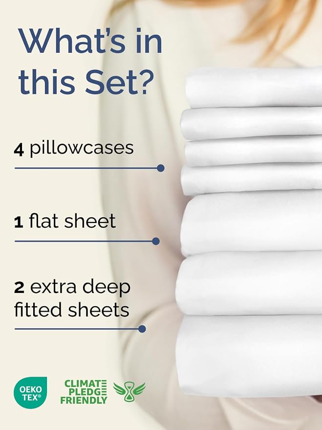 Extra Deep Split King Sheet Set - 7 Piece Breathable and Cooling Sheets - Hotel Luxury Bedding for Women, Men, Kids & Teens - Easy Secure Fit - Soft, Wrinkle Free & Comfy - Extra Deep Pockets - White