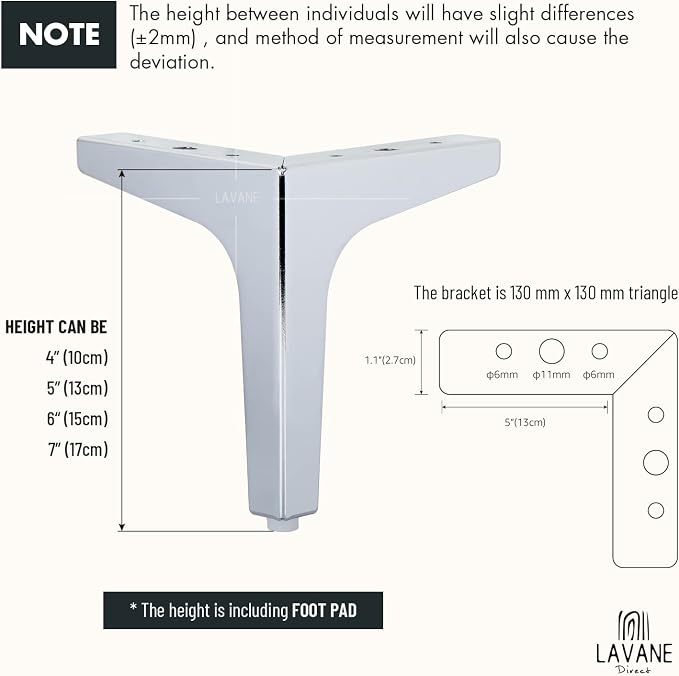 La Vane 7 Inch Metal Furniture Legs, Set of 4 - Modern Diamond Triangle Silver DIY Replacement Feet Corner Legs for Cabinet, Sofa, Sideboard, Couch, Dresser Makeover