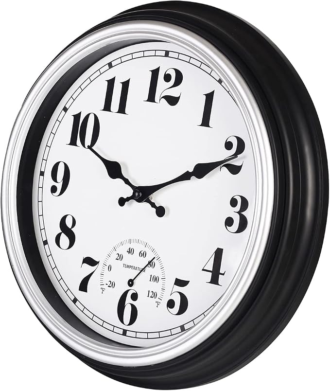 45MinST 12 Inch Indoor/Outdoor Retro Round Waterproof Wall Clock with Thermometer, Silent Non Ticking Battery Operated Quality Quartz Wall Clock Home/Patio Decor(Silver F)