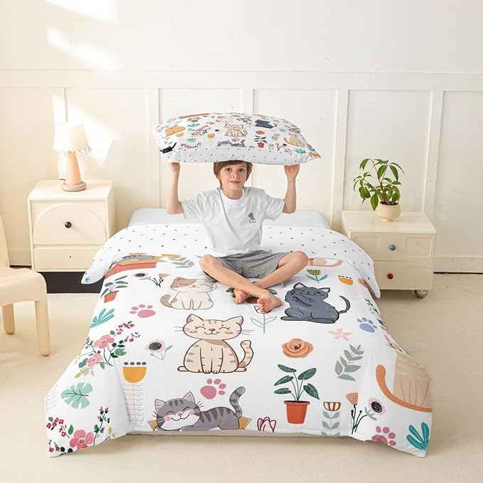 Erosebridal Cute Cat Duvet Cover Twin Floral Cats Lovers Bedding Set Lovely Kitten Pet Animals Comforter Cover for Kids Girls Boys Adults Botanical Aesthetic Bed Set