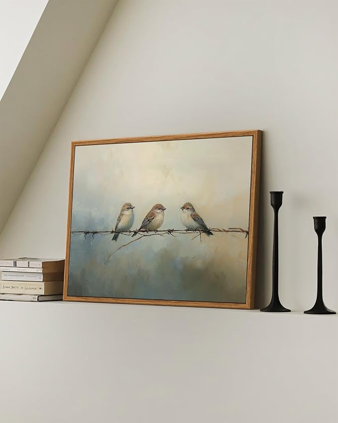 ARPEOTCY Vintage Framed Canvas Wall Art, 12x16 Inch Cute Sparrow Painting Artwork, Antique Framed Wall Art for Living Room Bedroom Gallery, Retro Bird Bathroom Decor Aesthetic
