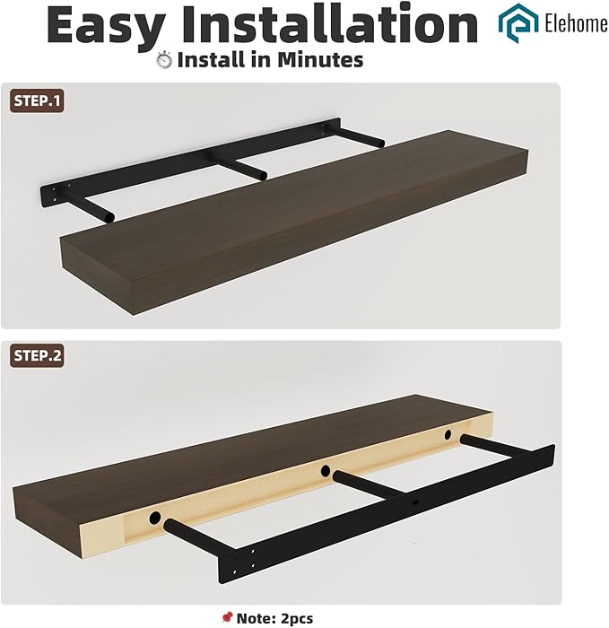Floating Shelves Board for Wall with Brackets –42" L x 8" W x 2" T Rich Walnut Melamine Wood Floating Shelves for Bathroom, Kitchen & Living Room Set of 2– DIY & Replacement