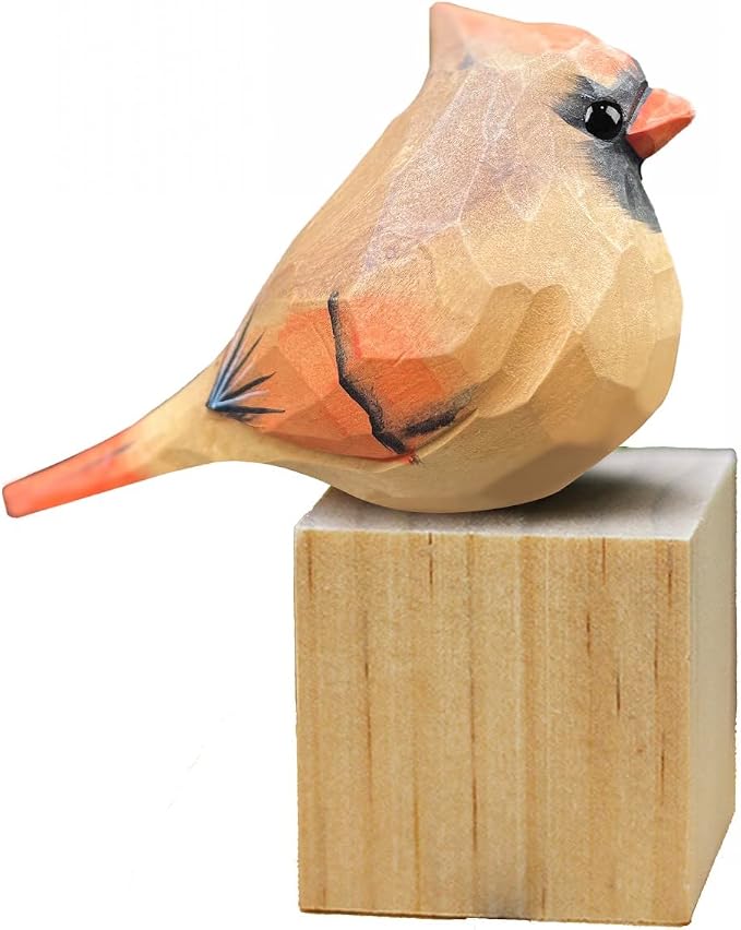 Hand Carved Painted Wooden Birds for Home Decor - Female Cardinal Statue for Bird Lovers, Housewarming, Birthday, Christmas, Anniversaries
