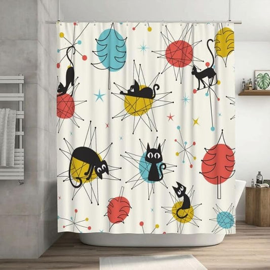 Cats Shower Curtains Black Cat Retro Atomic Christmas Pattern Duty Fabric Shower Curtain Set Bathroom Polyester Waterproof with 12 Hooks,72x72Inch（183x183cm）