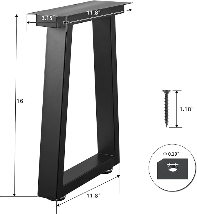 Bench Legs 16 Inch Metal Coffee Table Legs Heavy Duty Trapezoid Iron Table Legs, Set of 2, Black