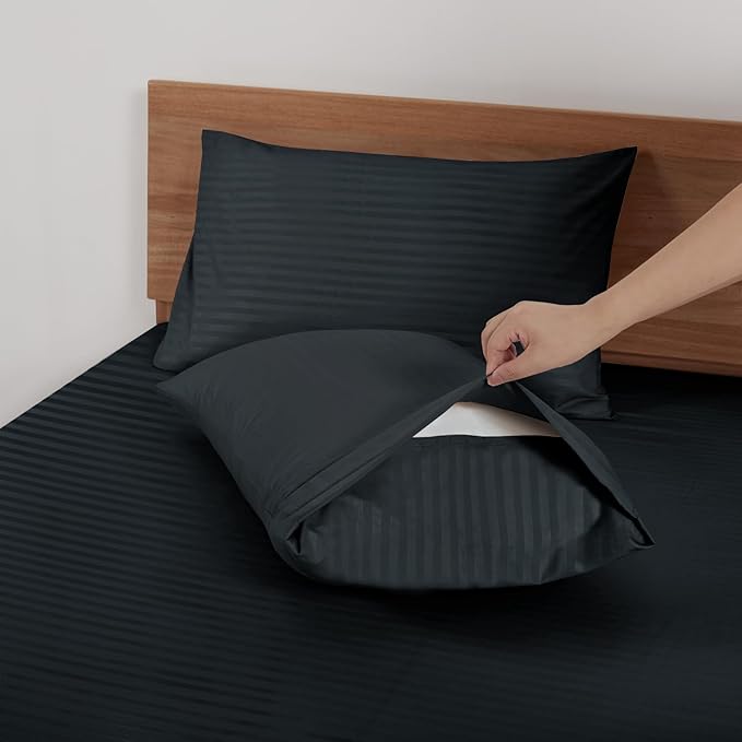 Mejoroom Striped Queen Size Sheet Set - Hotel Luxury 1800 Bedding Sheets & Pillowcases - Deep Pocket Fitted Sheet, Soft, Breathable, Wrinkle & Fade Resistant - 4 Piece (Black)