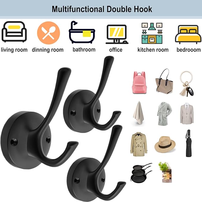 TOFIIGREM Matte Black Wall Hooks, 4 Pack Heavy Duty Coat Towel Hook Metal Double Backpack Hook Wall Mounted, Bath Towel Hooks for Entryway Cubicle Bathroom Closet Garage