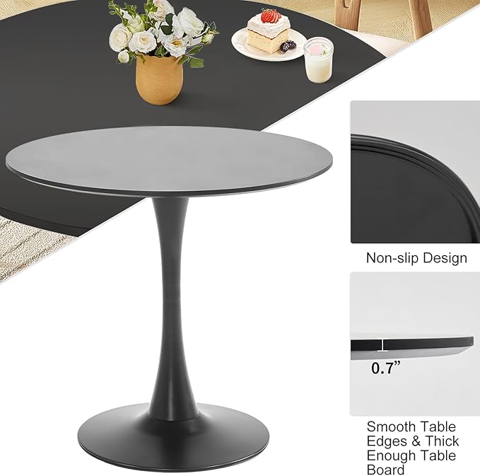 Black Round Dining Table, 31.5" Tulip Table Kitchen Round Dining Table for 2-4 People with MDF Table Top and Metal Pedestal Base, Mid-Century Leisure Table for Home, Dining Room, Cafe