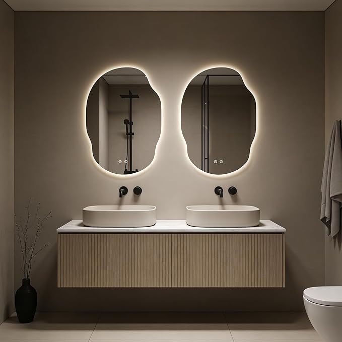 Asymmetrical Bathroom Mirror with Lights, Irregular LED Backlit Vanity Mirror, 31" H x 22" W, Anti-Fog, Dimmable Lighting with 3 Color Temperature, Memory, Hardwired, Vertical or Horizontal Mount