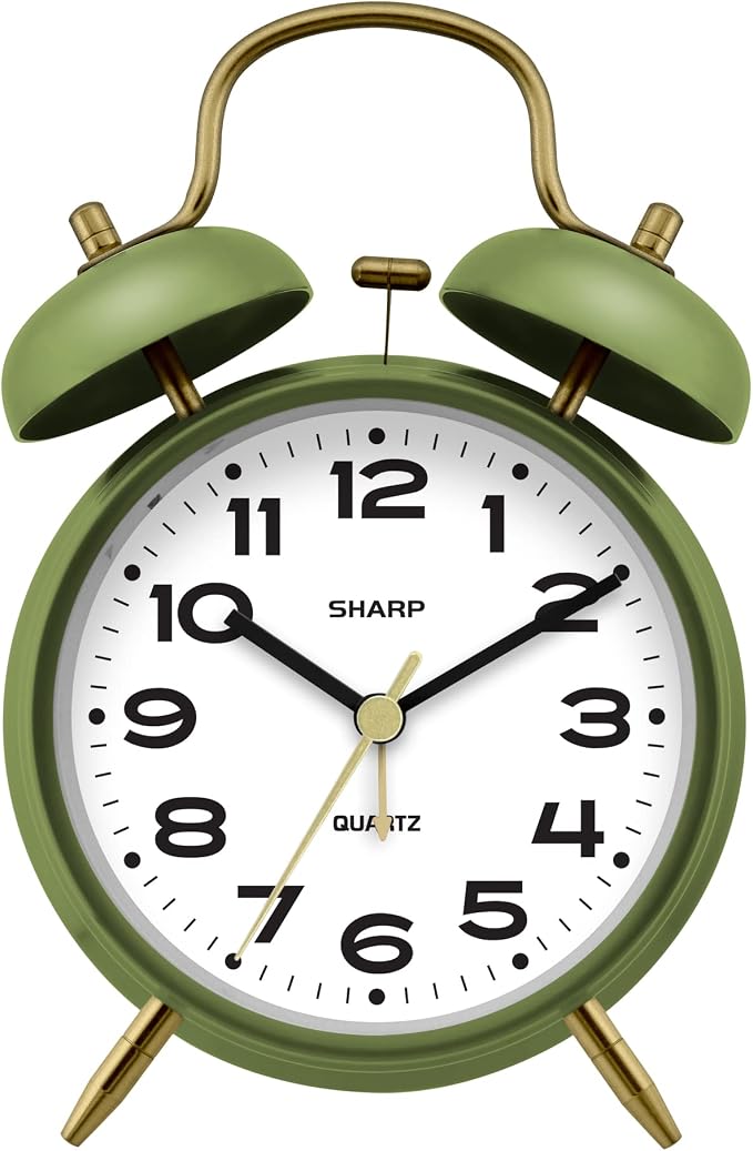 Sharp Twin Bell Alarm Clock, Loud Alarm Great for Heavy Sleepers - Stylish Matte Finish with Rustic Bronze Accents, Battery Operated (Matte Sage)