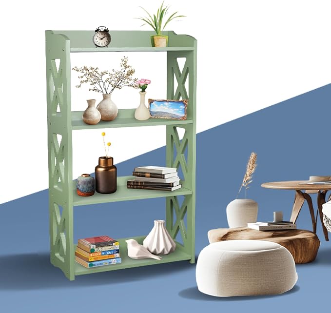 Green Bookcase by Natural Wood, 4 Tier Bookshelf, Small Book Shelves Freestanding Display Storage Shelves. Open Bookshelf for Bedroom, Living Room and Office (Green, 4 Tier)