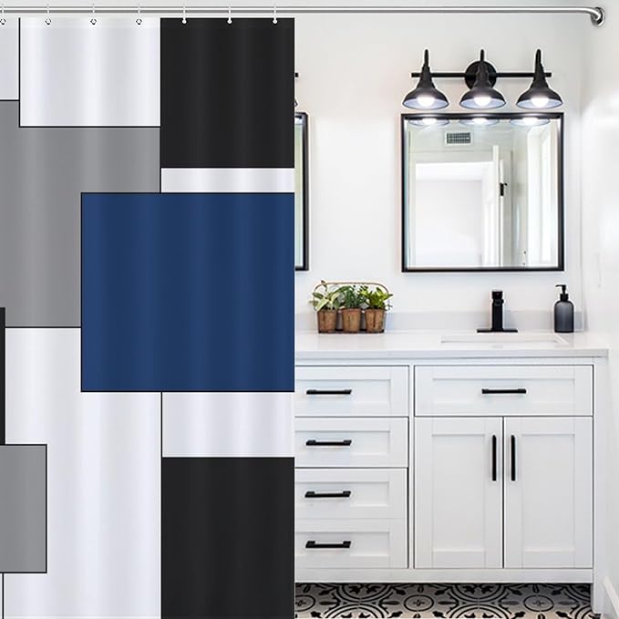 Retro Geometric Shower Curtain,Blue Black Modern Geometry Minimalist Neutral Design Bathroom Curtain Polyester Waterproof Fabric Decor 72x72in（183x183cm）