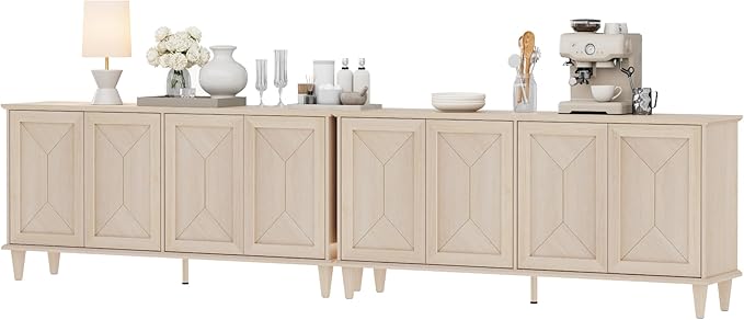 WAMPAT 130-inch Handcrafted Patchwork Decorative Buffet Cabinet with Pop-Up Design Doors,2-in-1 Large Modern Farmhouse Accent Credenza for Coffee Bar, Kitchen, and Living Room, Light Oak