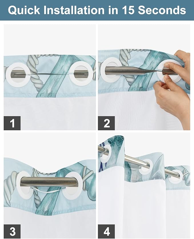 No Hook Shower Curtain with Snap in Liner Set, Coastal Sea Turtle Marine Life Print Shower Curtains for Beach House & Nautical Kids Bathroom, Mesh Top Waterproof Bath Curtain, 71x74 Inch