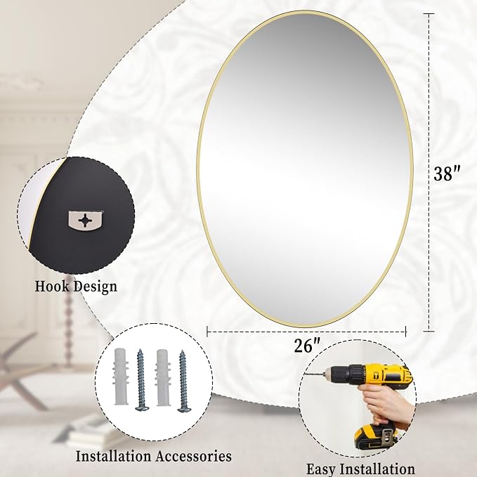 26"x38" Oval Bathroom Mirror with Gold Metal Frame - Oval Wall Mirror Hanging or Leaning Vertical or Horizontal for Bedroom, Living Room, Entryway