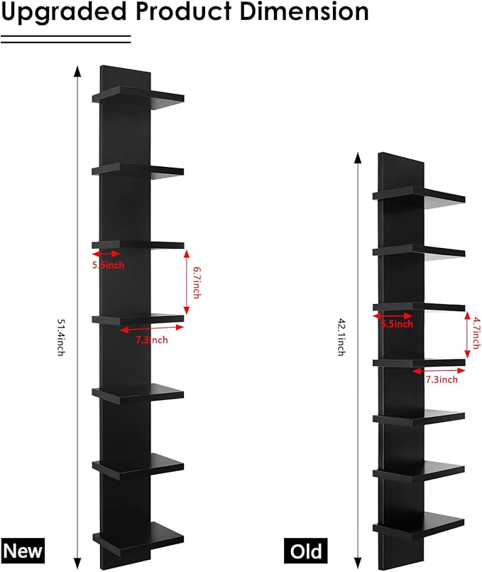 Homaterial 7 Tier Vertical Wall Shelf for Room Decor - Floating Shelves for Wall, Makeup Vanity, Perfect Display Storage for Small Spaces, Black Decorative Shelves