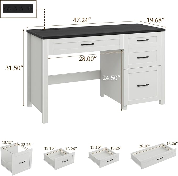 Vabches Farmhouse 47" Executive Desk, Computer Desk with File Drawer and Charging Station, Workstation for Home Office, Study,(Black).