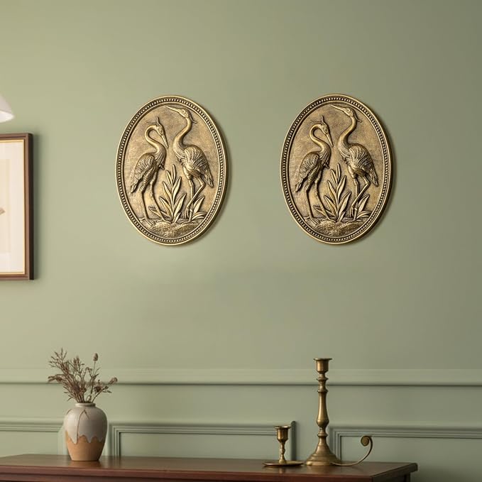Vintage Crane Wall Sculpture 2 Pack, Crane Wall Art, Antique Wall Decor, Hand Painted Wall Decoration with Embossed Couple Bird Design, Gold Wall Decor for Living Room Bedroom Dining Room,Housewarming Gift(Gold Cranes)