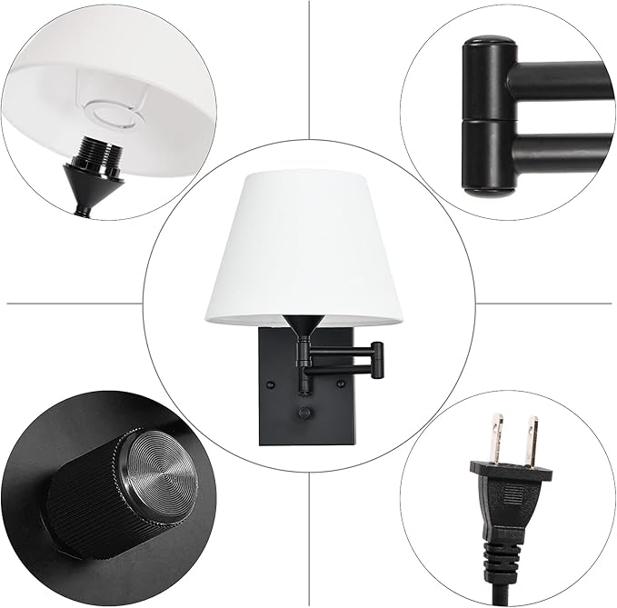 Pauwer Plug in Wall Sconce Set of 2 Swing Arm Wall Lamp with Plug in Cord and Fabric Shade Wall Light Fixtures for Hallway Bedroom Living Room (White Shade)