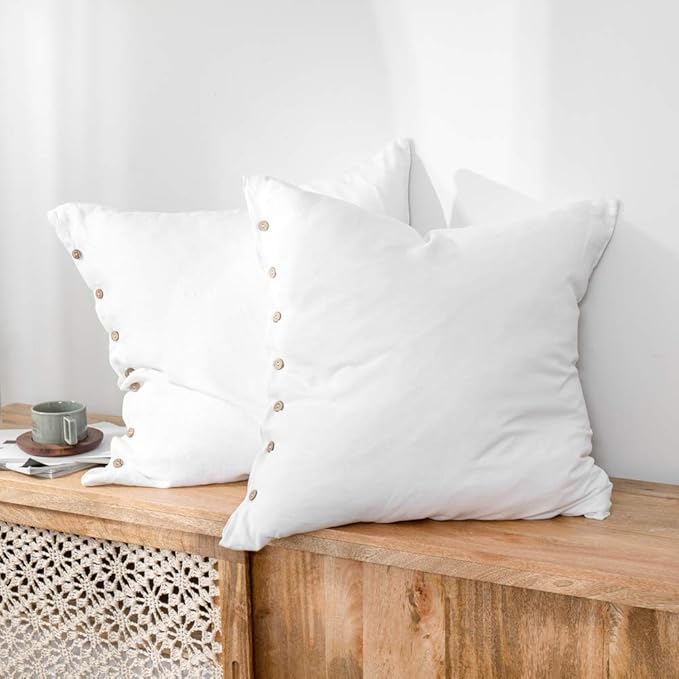 Simple&Opulence 100% Linen Euro Shams with Coconut Button (26'' x 26'') - Pack of 2 - Washed Solid Color Natural Flax Soft Breathable - White