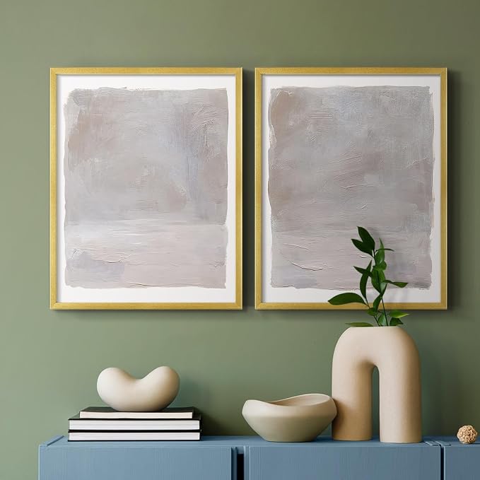 Renditions Gallery Set of 2 Peel & Stick Framed Prints, Watercolor Abstract Wall Art, Neutral Tones Textured Brushstrokes Wall Decor, Re-Stickable - Ready to Hang - 8"x10" - GOLD Frame LT588