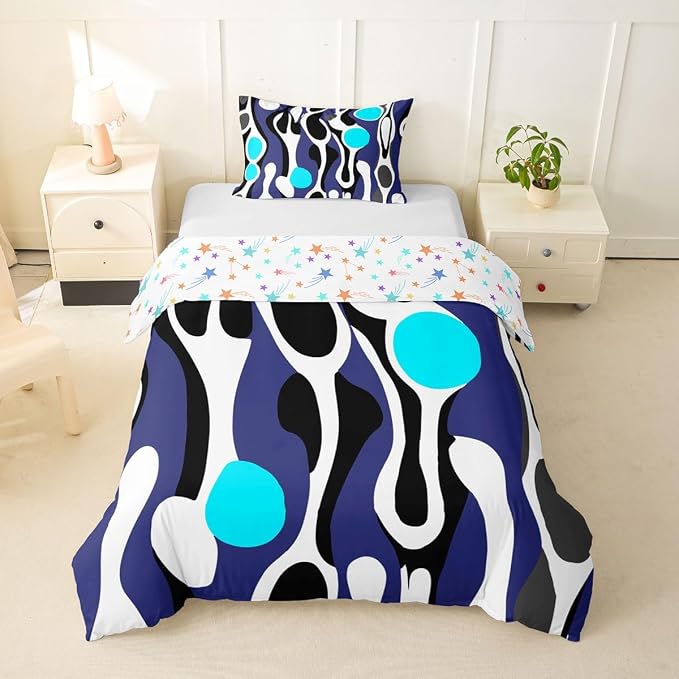 Erosebridal Organic Abstract Duvet Cover Set Modern Contemporary Girl Toddler Bedding Set for Little Boys Boho Mid Century Wavy Lines Comforter Cover Retro Geometric Bed Sets,Dark Blue Cyan