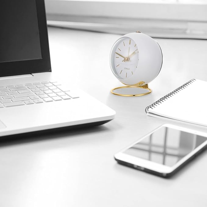 SHISEDECO Small Tableclocks Classic Non-Ticking Tabletop Alarm Clock with Night Light, Battery Operated Deskclock with HD Glass for Living Room Bedroom Bedside Indoor Decor (RN-White)