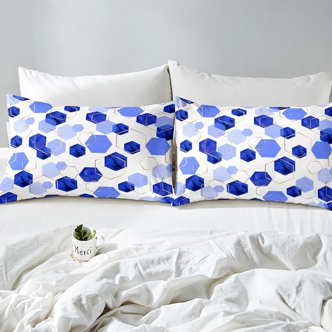 Erosebridal Blue Geometric Bedding Sets | Royal Blue Modern Abstract Kids Duvet Cover Geometric Marble Art Bed Set Twin | Watercolor Hexagon Aesthetic Bed Cover for Men Women (No Comforter)