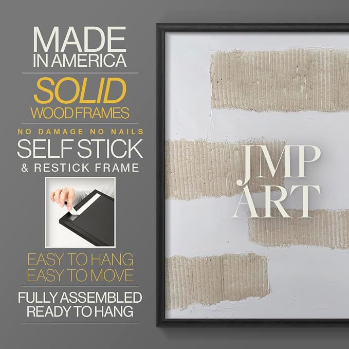 Renditions Gallery Set of 2 Peel & Stick Framed Prints, Modern Abstract Wall Art, Textured Brush Strokes Wall Decor, Re-Stickable - Ready to Hang - 16"x20" - Black Frame LT588