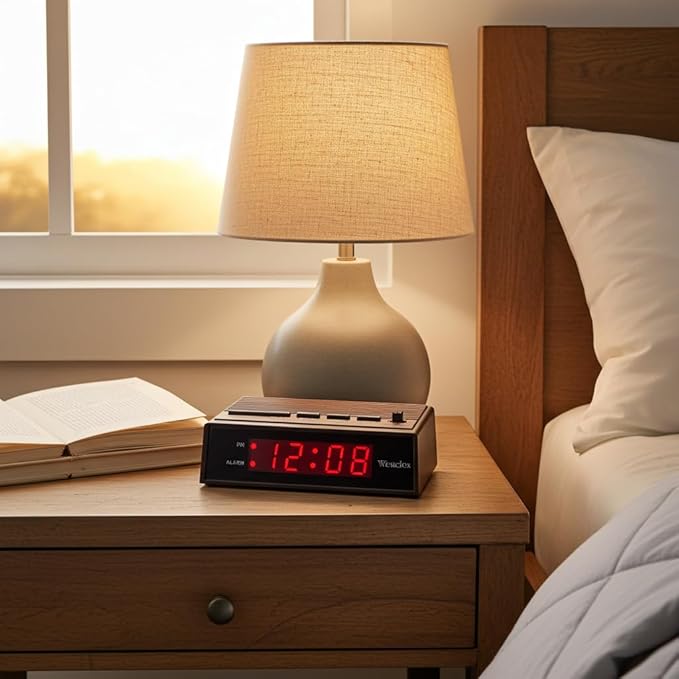 Westclox Retro Wood Style Small Night Table Alarm Clock with Red LED Display, 9-Minute Snooze, Battery Backup, Easy Electric Operation for Bedroom, Home or Office – Woodgrain