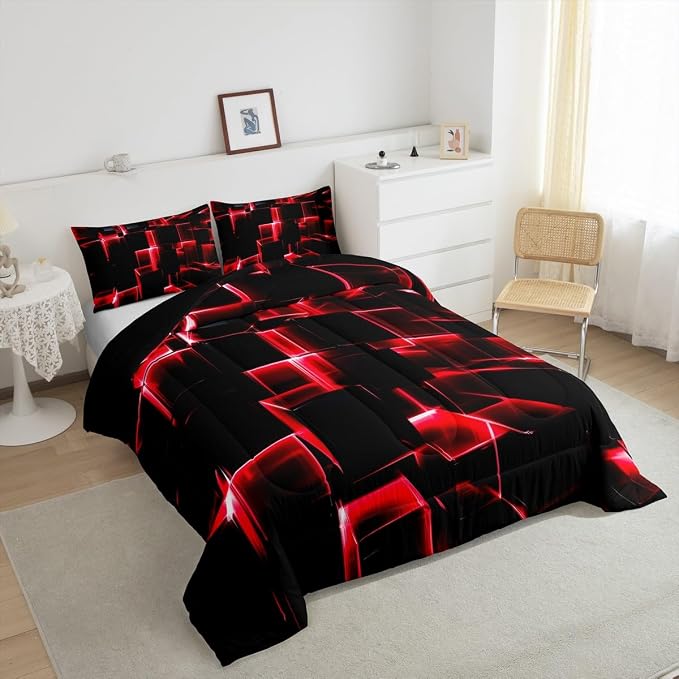 Erosebridal Red and Black Geometric Comforter Set King Size Modern 3D Stereoscopic Square Bedding Sets, Gradient Neon Honeycomb Duvet Set 3 Pieces Soft Microfiber Quilt for All Season