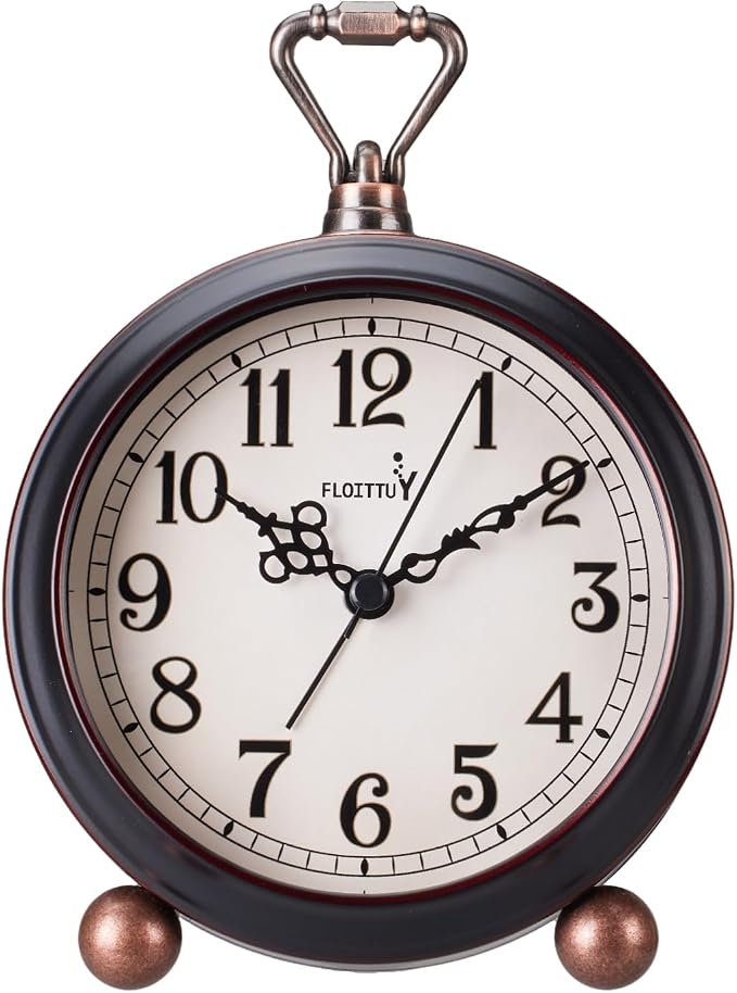 FLOITTUY 4.5" Battery Operated Antique Retro Analog Metal Alarm Clock, Silent Bedside Desk Clock, Wall-Hanging Vintage Clock(Vintage Black)