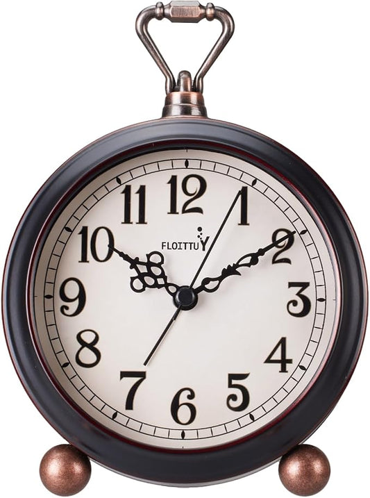 FLOITTUY 4.5" Battery Operated Antique Retro Analog Metal Alarm Clock, Silent Bedside Desk Clock, Wall-Hanging Vintage Clock(Vintage Black)