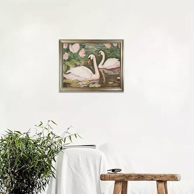 Vintage Framed Swan Decor Wall Art Pink and Green Girls Room Decor Girly Office Canvas Print Painting