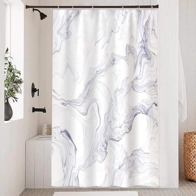White Shower Curtain, Modern White Marble Shower Curtain for Bathroom Waterproof Abstract Liquid Shower Curtain Set with Hooks, 48x72 Inch