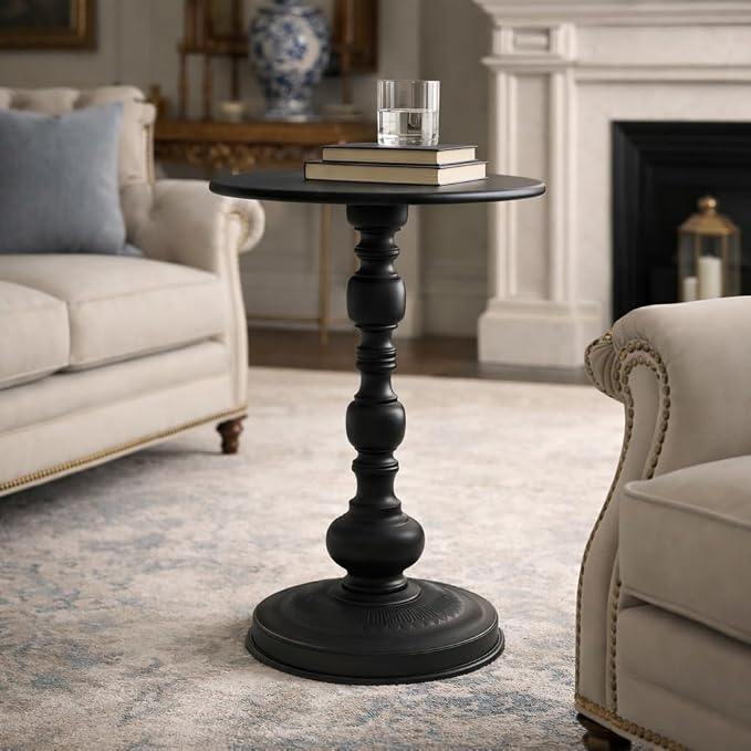 Round Drink Tables Set of 2, Vintage Black Metal Pedestal Side Tables for Living Room, Small Martini Accent Tables for Sofa Bedside Nightstand Small Spaces