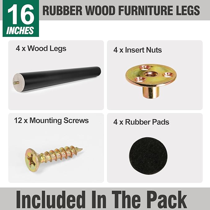 FoDau770 Black Rubber Wood Furniture Legs 16 Inches, Straight Tapered Wood Feet Mid Century Sofa Legs Set of 4, 5/16" UNC Furniture Feet for Cabinet Couch Dresser Chair Ottoman Table