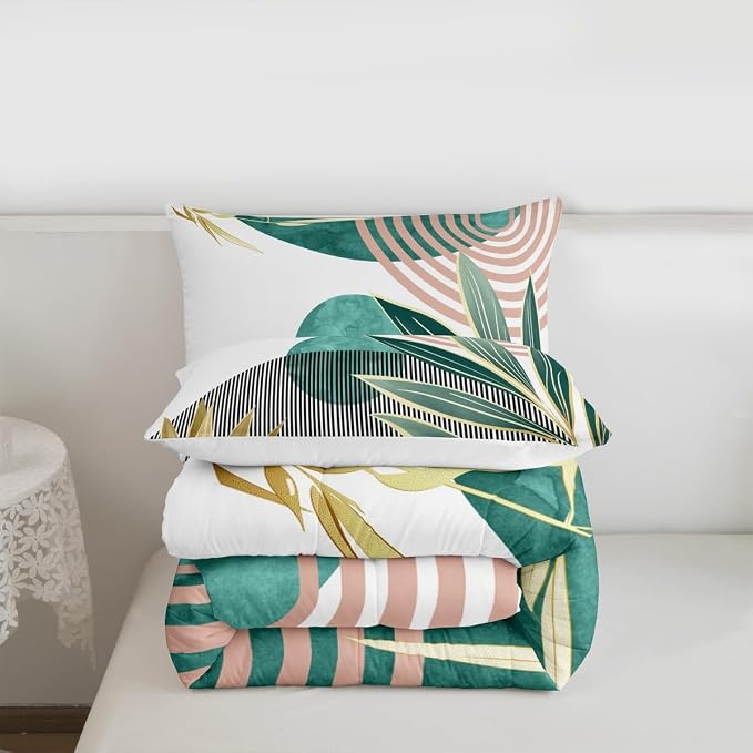 Erosebridal Mid Century Modern Comforter Set King Bohemian Bedding Set for Kids Teens,Boho Tropical Modern Down Comforter Abstract Sun Minimalist Simple Duvet Insert,Green Pink Room Decor