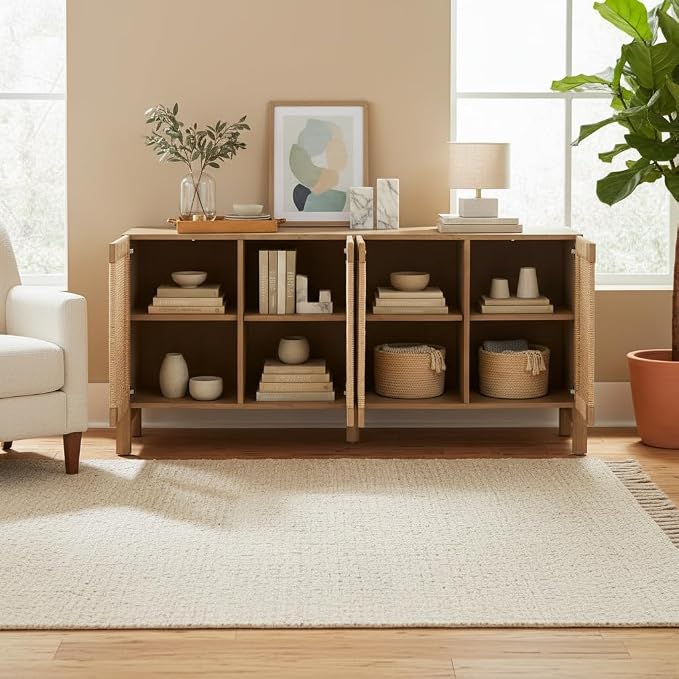 Christopher Knight Home Boho Buffet Cabinet 65.6’’ Modern Coastal Credenza Sideboard Storage Cabinet with Accent Handwoven Paper Rope Doors for Living Room, Dining Room, Hallway & Kitchen, Natural