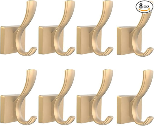 TOFIIGREM Gold Towel Hooks for Wall, Heavy Duty Thick Metal Bathroom Coat Hooks for Hanging Key Robe Hat Backpack, Wall Mount Hooks Bath Kitchen Garage Hooks(8 Pack, Gold)