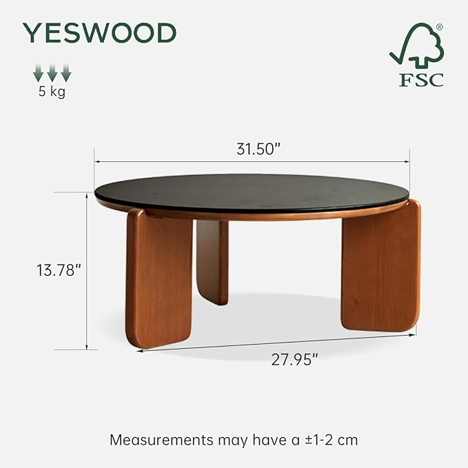 YESWOOD Round Coffee Table, Wood Coffee Table Side Table with Sintered Stone Top, Mid Century Morden Table,Small Coffee Table Living Room Table for Bedroom Balcony Living Room (31.5" D x 13.8" H)