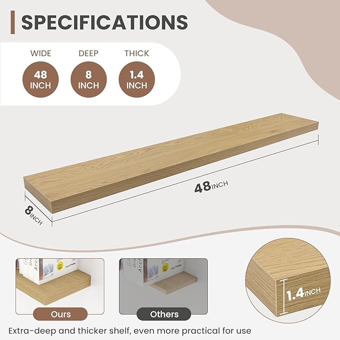 48 Inch Floating Shelves, 8 Inch Deep Floating Shelves for Wall, Hanging Shelf with Invisible Brackets, Deep Shelves for Bathroom, Bedroom, Living Room, Oak, Set of 2