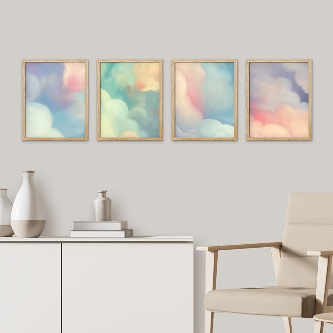 SIGNWIN Framed White Pastel Watercolor Rainbow Sky Clouds Wall Art, Set of 4 Abstract Geometric Wall Decor Prints, Nature Wilderness Wall Décor for Living Room, Bedroom - 11"x14" Natural