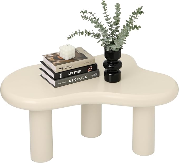 34"(L) Cloud Coffee Table, Modern Wood Coffee Table for Living Room, Accent Center Tables with 3 Legs, Small Tea Tables for Balcony, Patio, Bedroom, Cream White