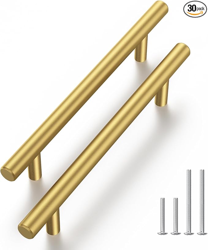 Haliwu 30 Pack Cabinet Handles Brass Gold Cabinet Pulls 4 Inch Hole Center Drawer Pulls Modern Bar Dresser Handles for Bathroom Kitchen Bedroom