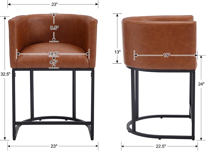 PU Leather Bar Stools Set of 3, Modern Upholstered Counter Height Bar stools 24" Leather Barstools Barrel Kitchen Counter Island Stools with Black Metal Base, Brown