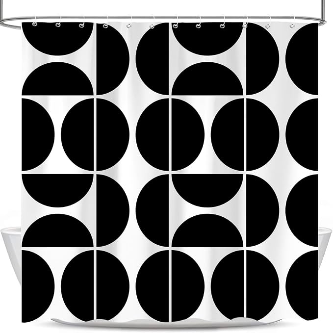 Black and White Mid Century Modern Shower Curtain, Boho Abstract Geometric Retro Art Bath Curtains For Bathroom, Colorful Unique Pattern Waterproof Polyester Fabric Bathroom Set 12 Hooks 72X78IN